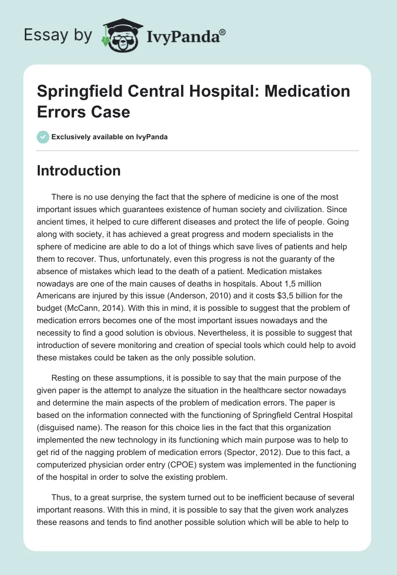 Springfield Central Hospital: Medication Errors Case. Page 1