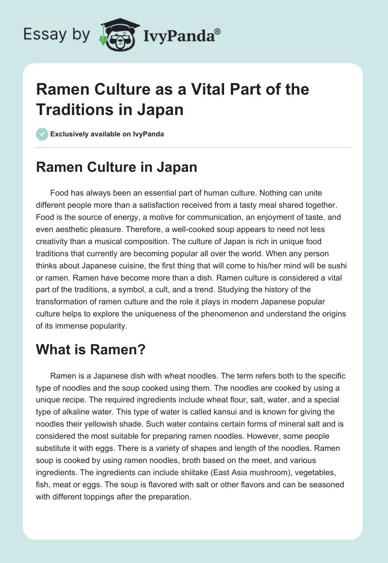 Ramen Culture as a Vital Part of the Traditions in Japan. Page 1