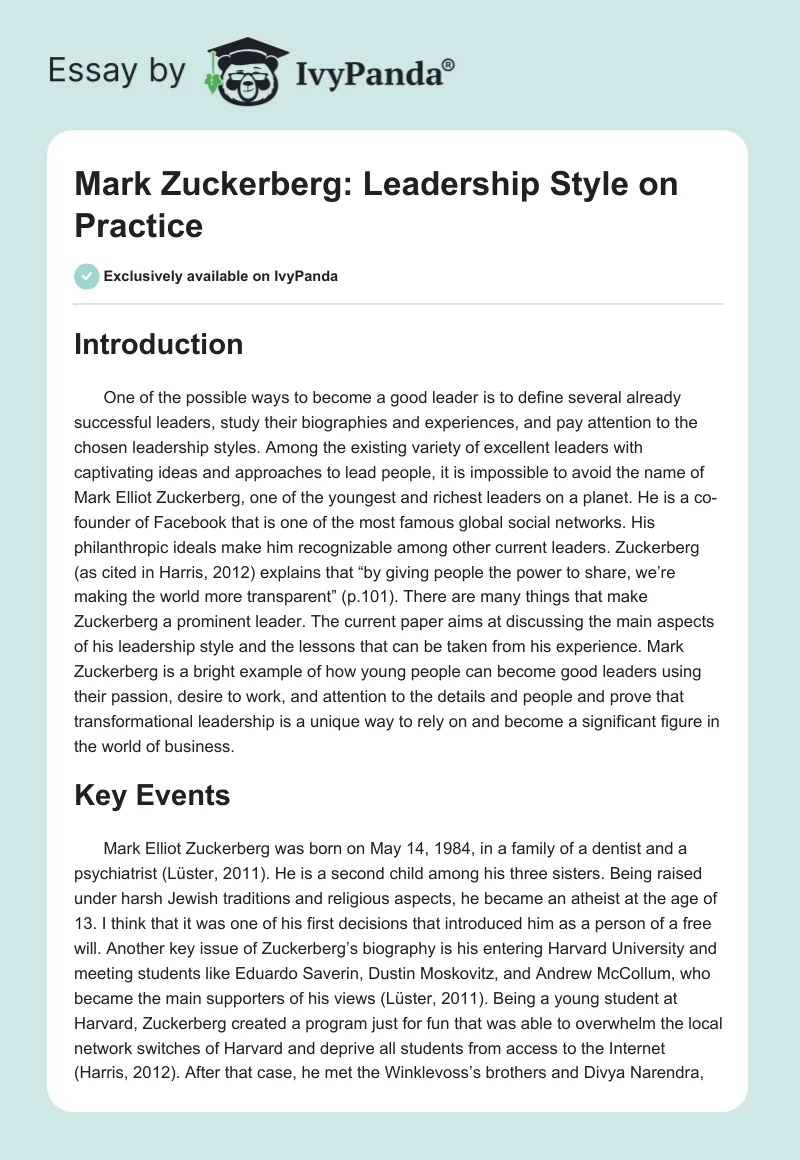 Mark Zuckerberg: Leadership Style on Practice. Page 1