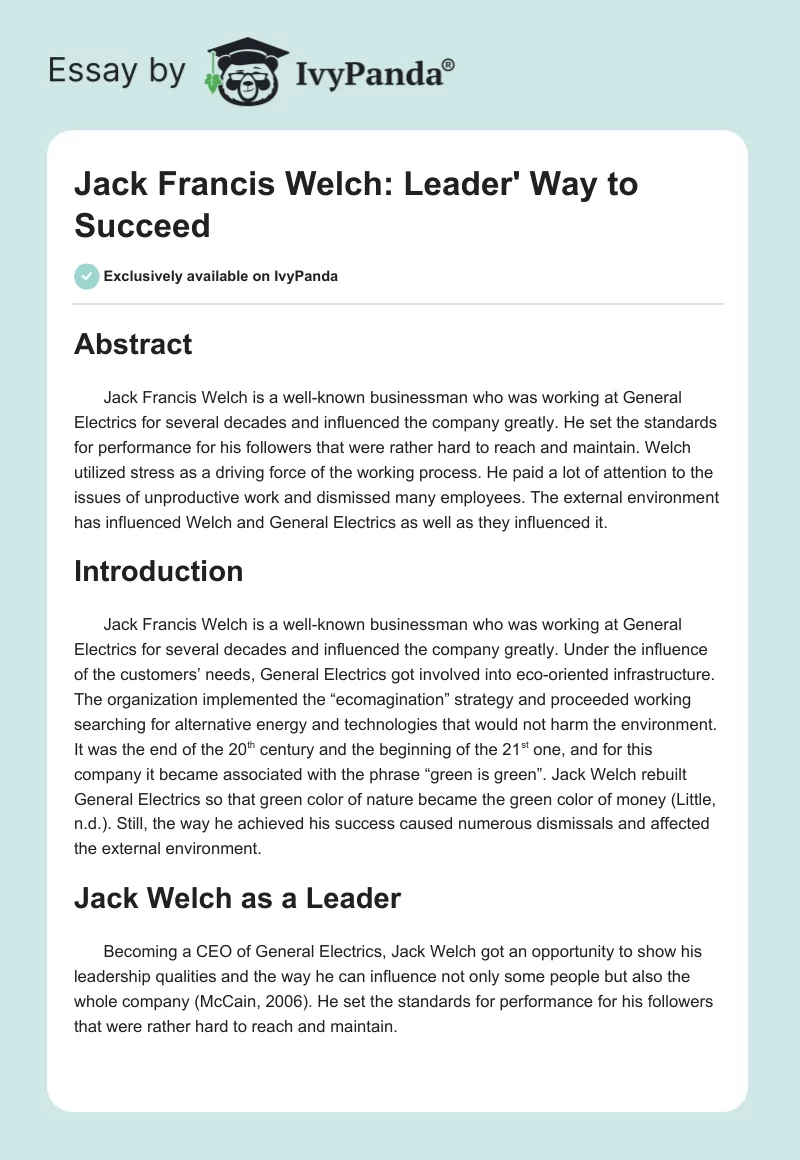 Jack Francis Welch: Leader' Way to Succeed. Page 1
