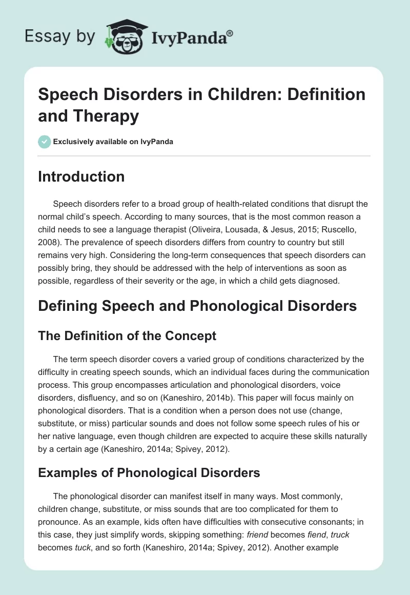 Speech Disorders in Children: Definition and Therapy. Page 1