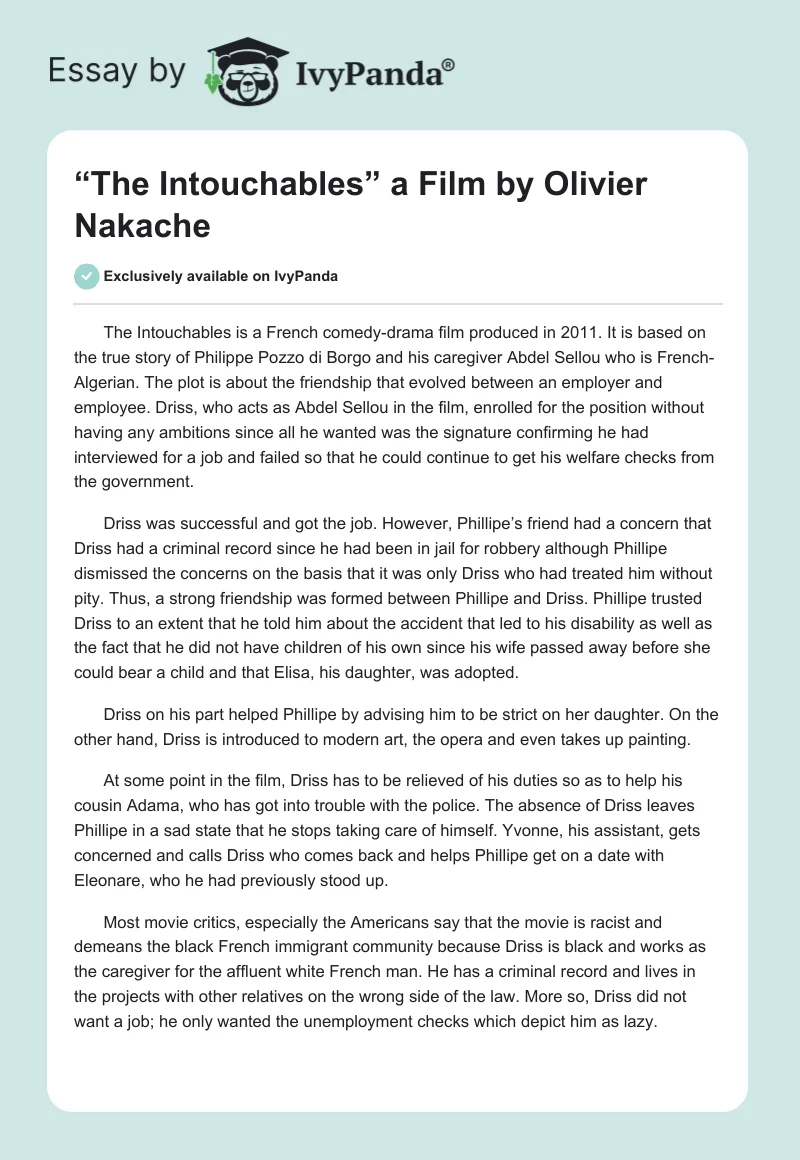 “The Intouchables” a Film by Olivier Nakache. Page 1