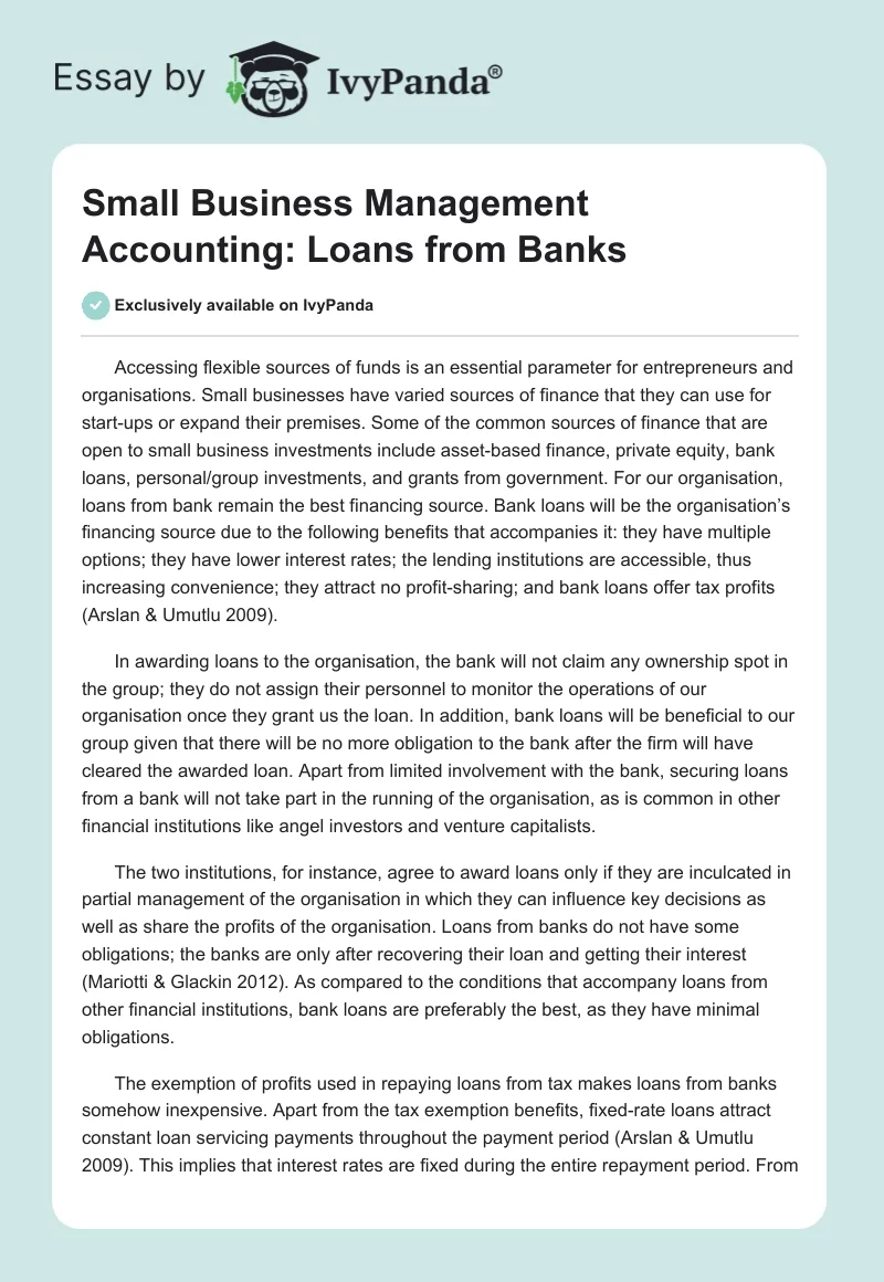Small Business Management Accounting: Loans From Banks. Page 1