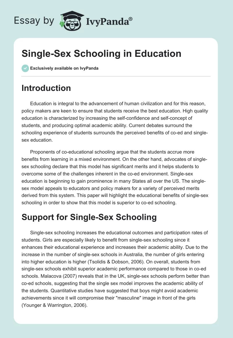 Single-Sex Schooling in Education. Page 1