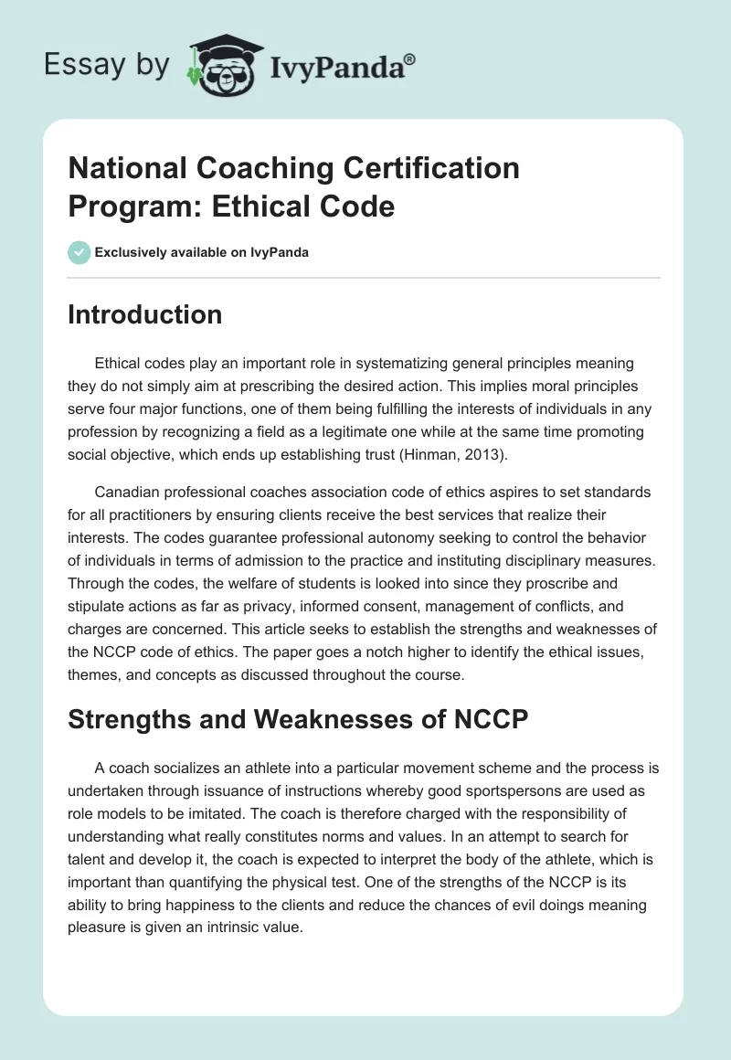 National Coaching Certification Program: Ethical Code. Page 1
