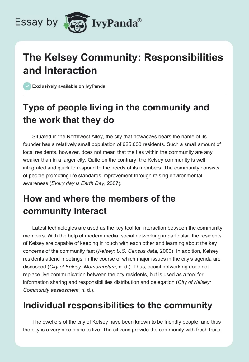 The Kelsey Community: Responsibilities and Interaction. Page 1