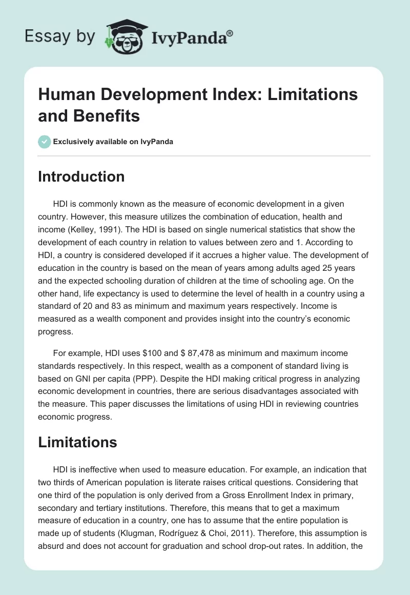 Human Development Index: Limitations and Benefits. Page 1