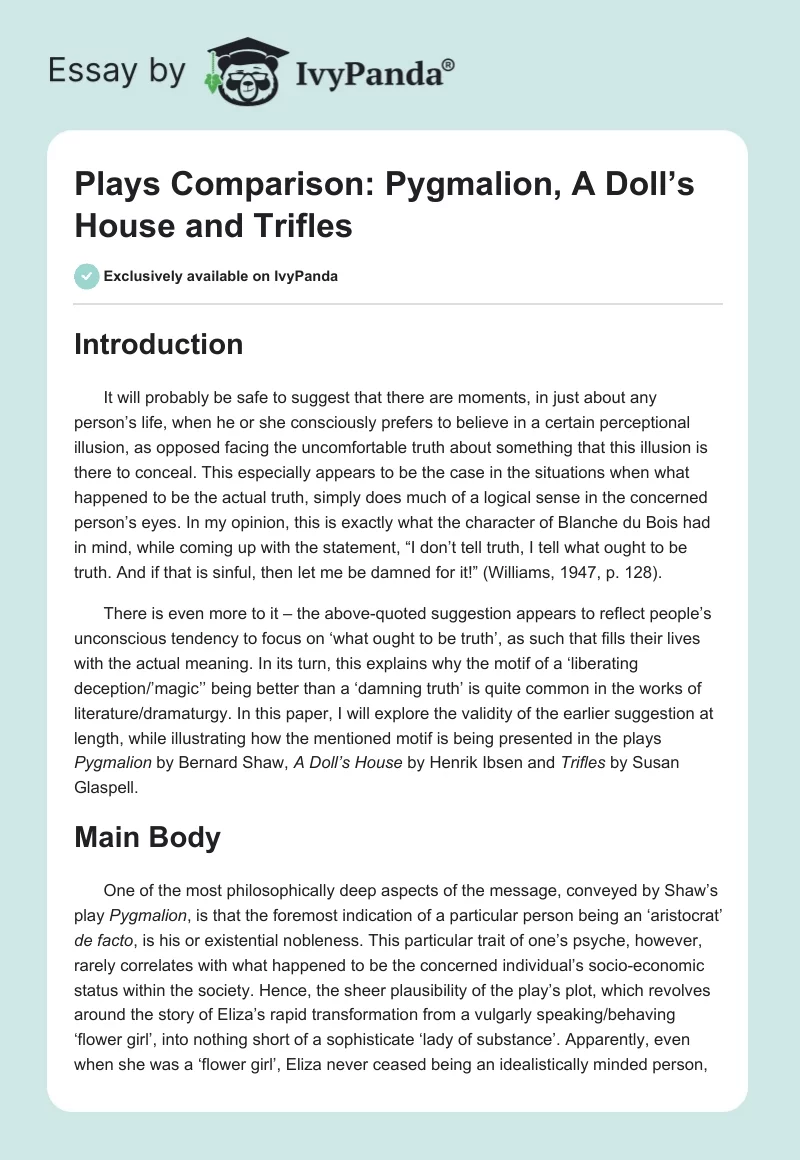 Plays Comparison: Pygmalion, A Doll’s House and Trifles. Page 1
