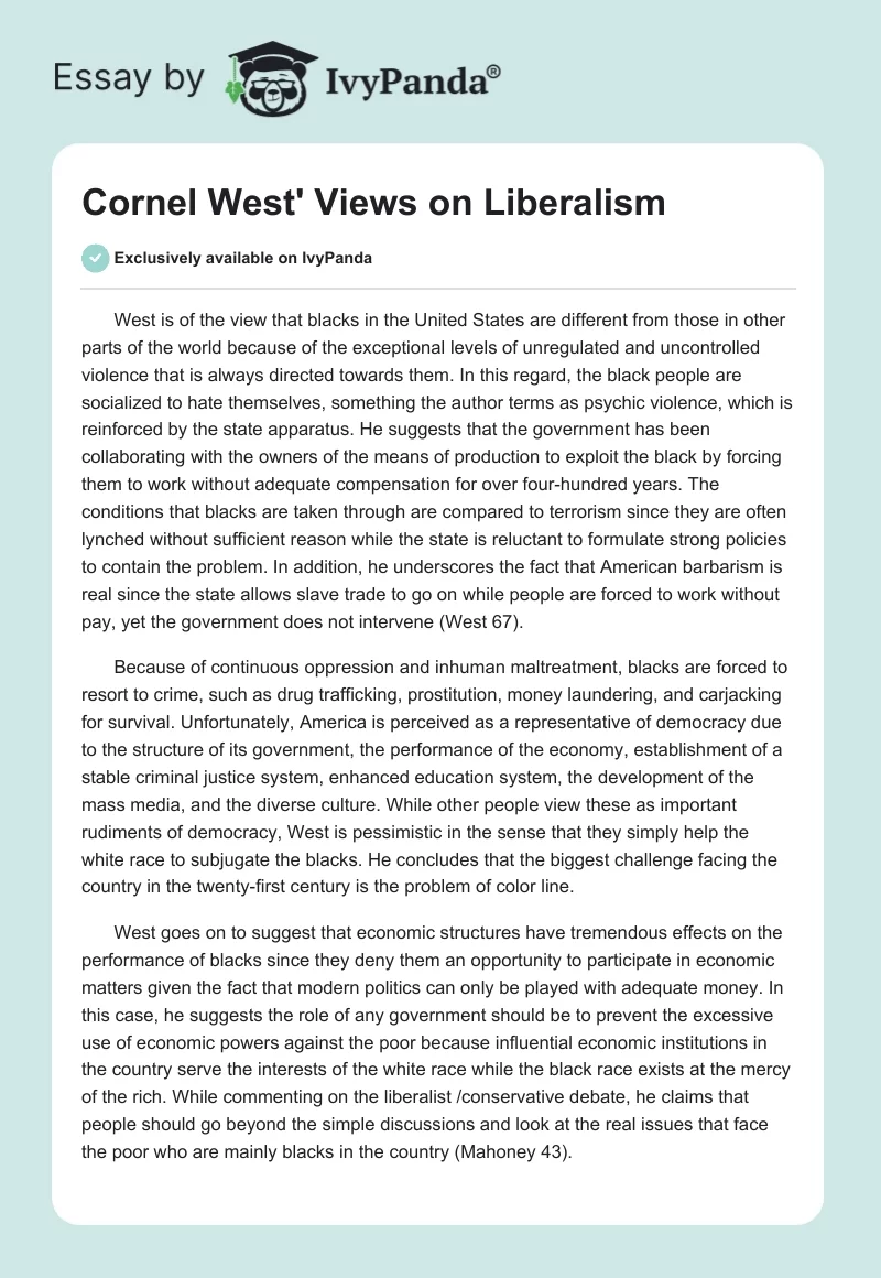 Cornel West' Views on Liberalism. Page 1