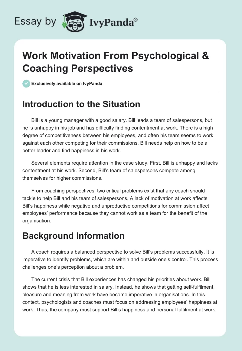 Work Motivation From Psychological & Coaching Perspectives. Page 1