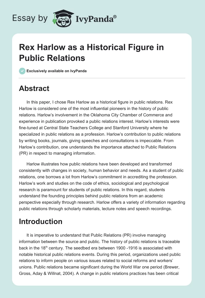 Rex Harlow as a Historical Figure in Public Relations. Page 1