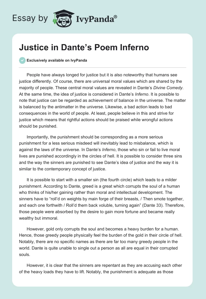 Justice in Dante’s Poem "Inferno". Page 1