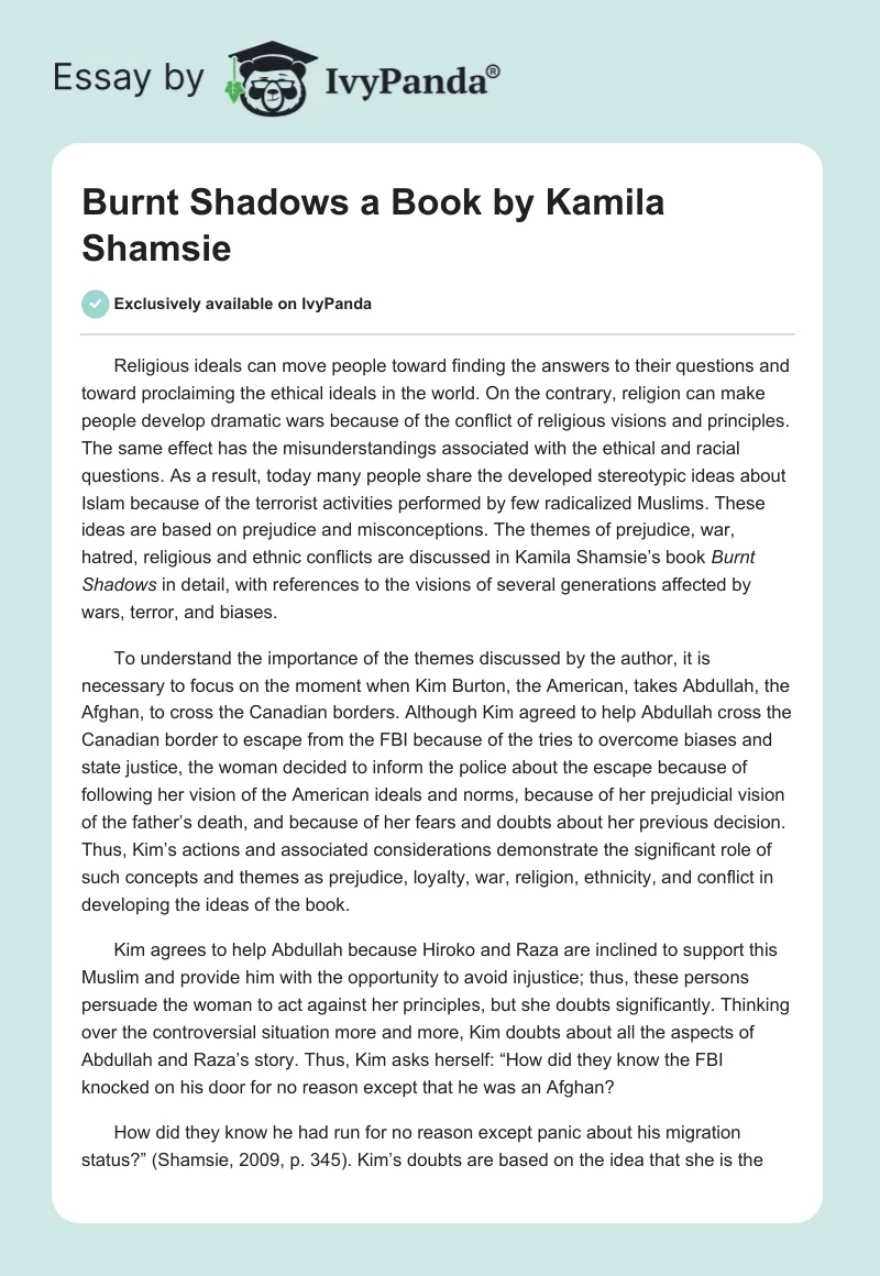 "Burnt Shadows" a Book by Kamila Shamsie. Page 1