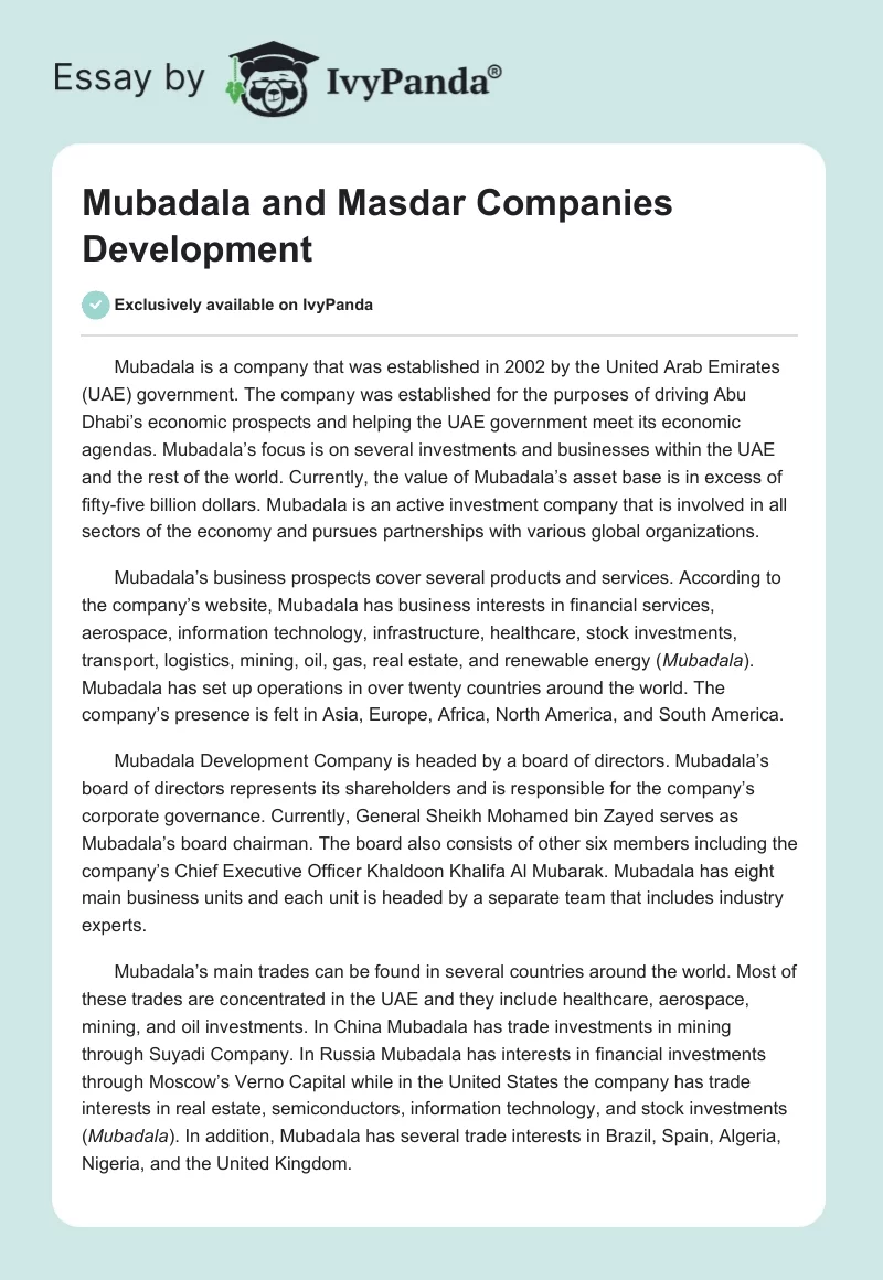 Mubadala and Masdar Companies Development. Page 1