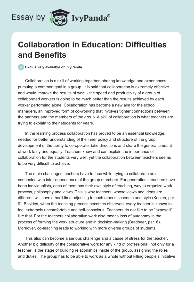 Collaboration in Education: Difficulties and Benefits. Page 1