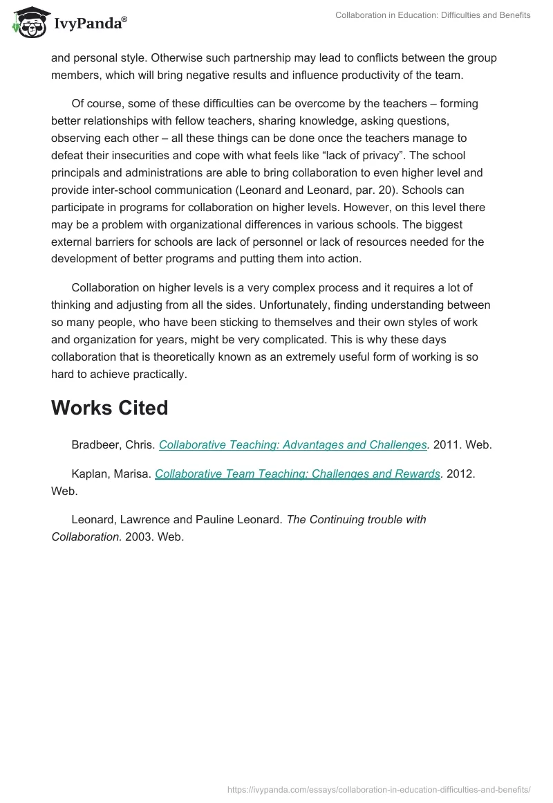Collaboration in Education: Difficulties and Benefits. Page 2
