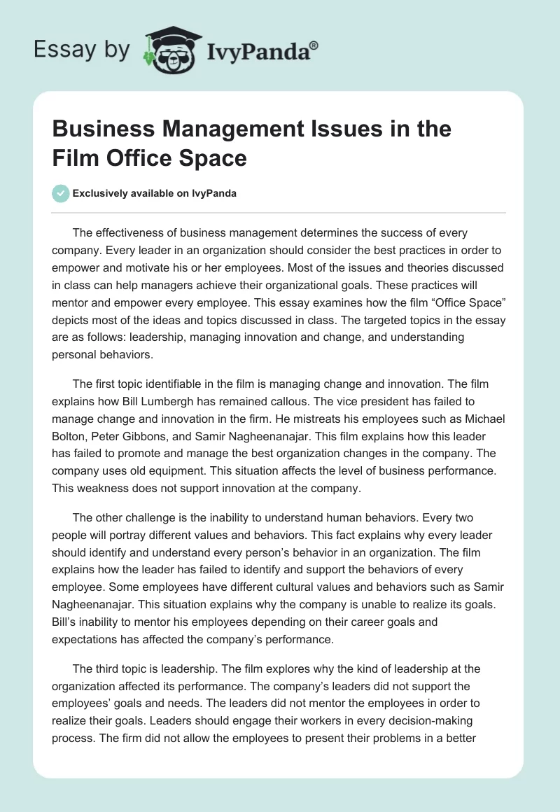 Business Management Issues in the Film "Office Space". Page 1