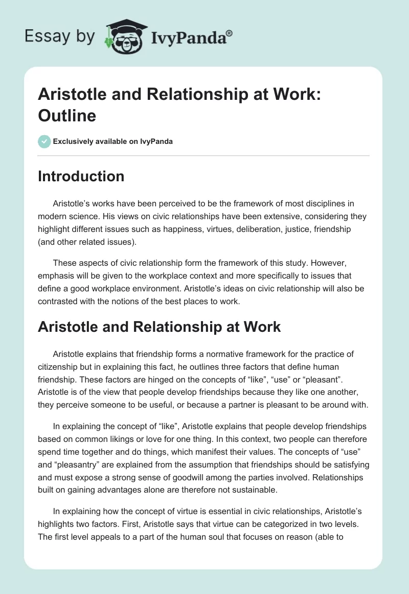 Aristotle and Relationship at Work: Outline. Page 1