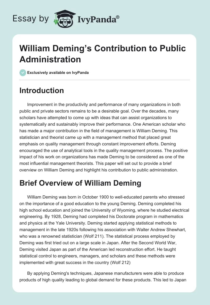 William Deming’s Contribution to Public Administration. Page 1