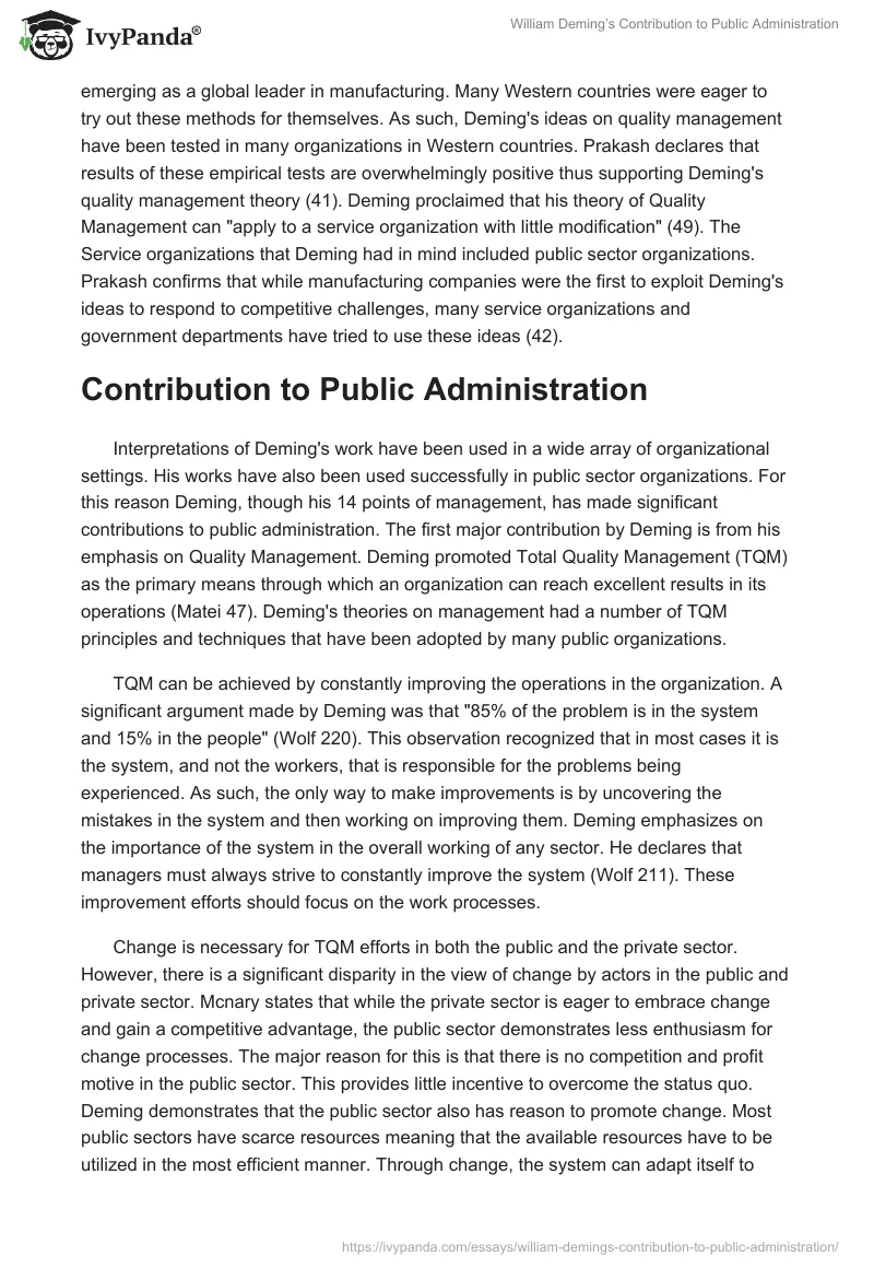 William Deming’s Contribution to Public Administration. Page 2