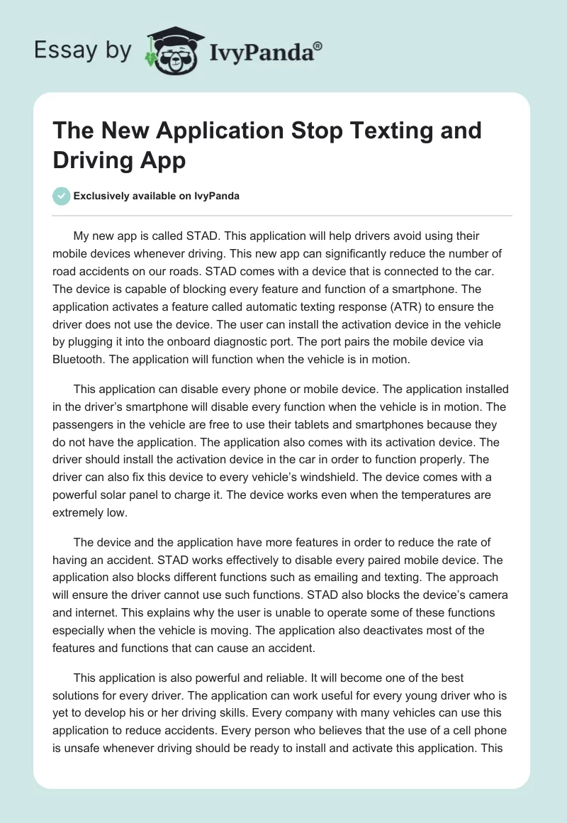 The New Application "Stop Texting and Driving App". Page 1