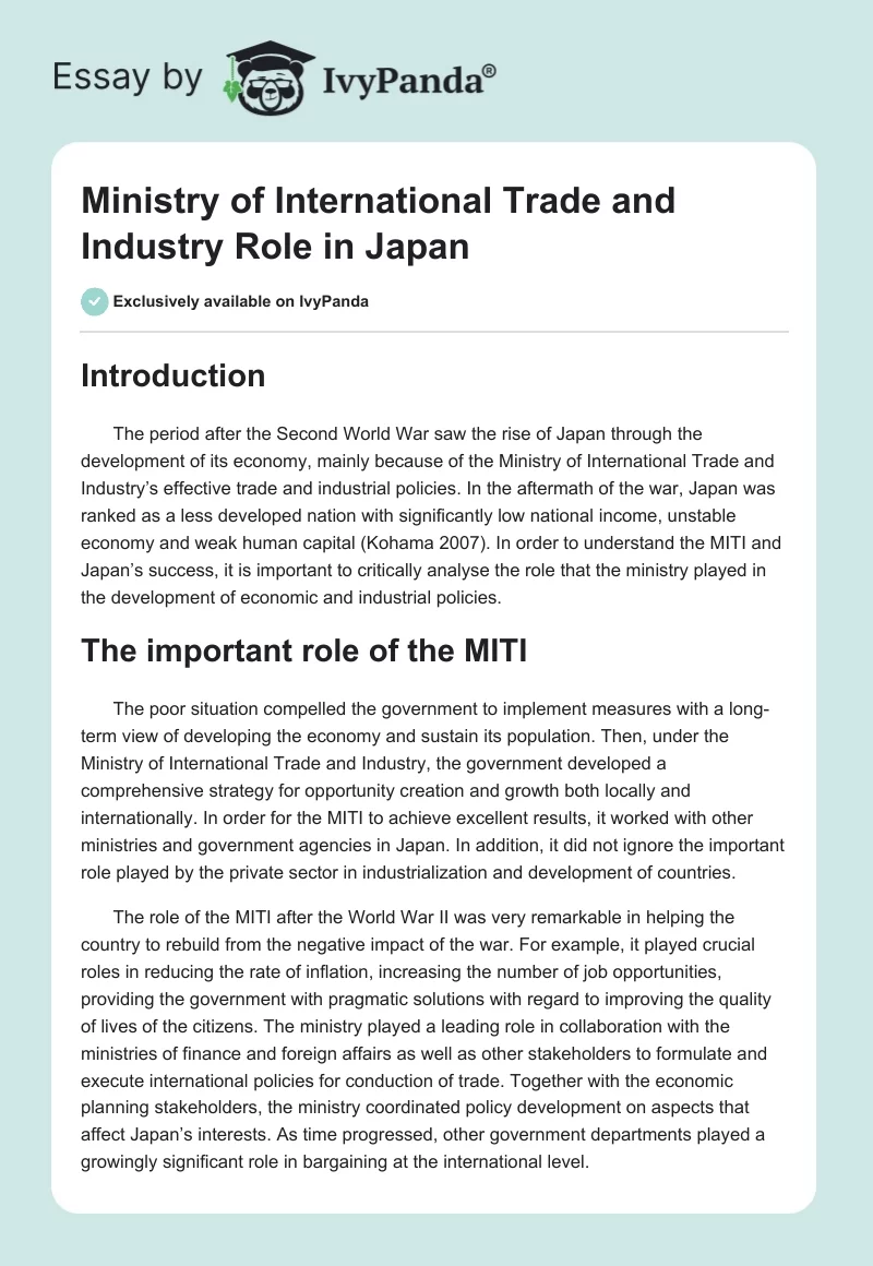 Ministry of International Trade and Industry Role in Japan. Page 1