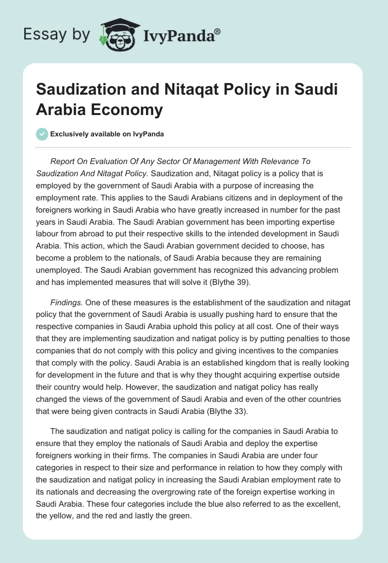 Saudization and Nitaqat Policy in Saudi Arabia Economy. Page 1