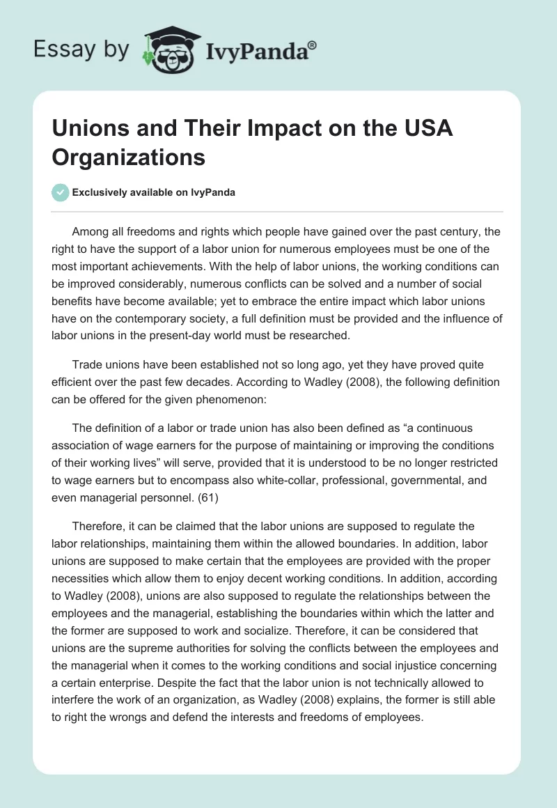 Unions and Their Impact on the USA Organizations. Page 1