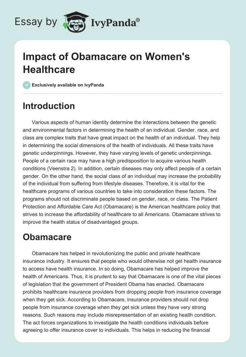 Impact of Obamacare on Women's Healthcare. Page 1