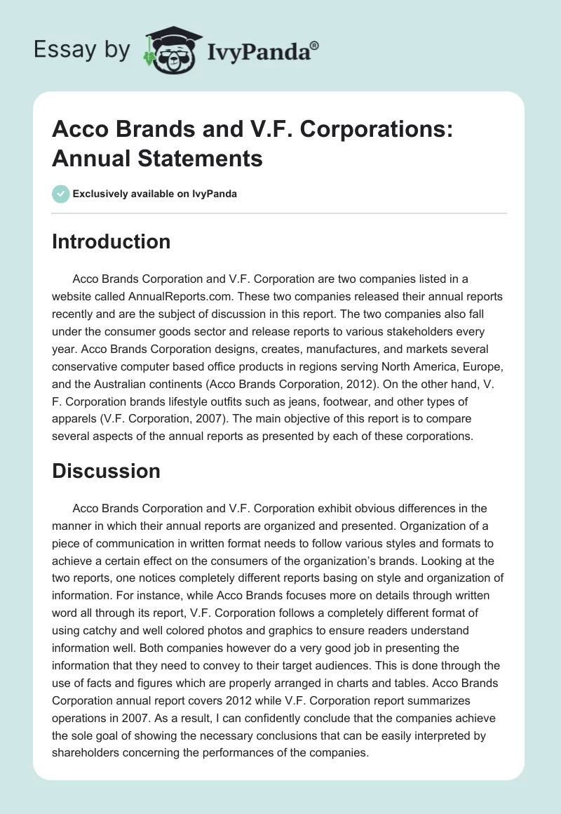 Acco Brands and V.F. Corporations: Annual Statements. Page 1