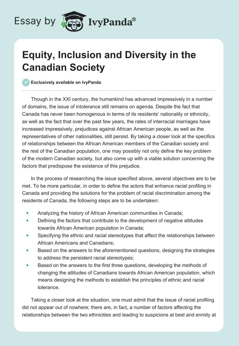 Equity, Inclusion and Diversity in the Canadian Society. Page 1