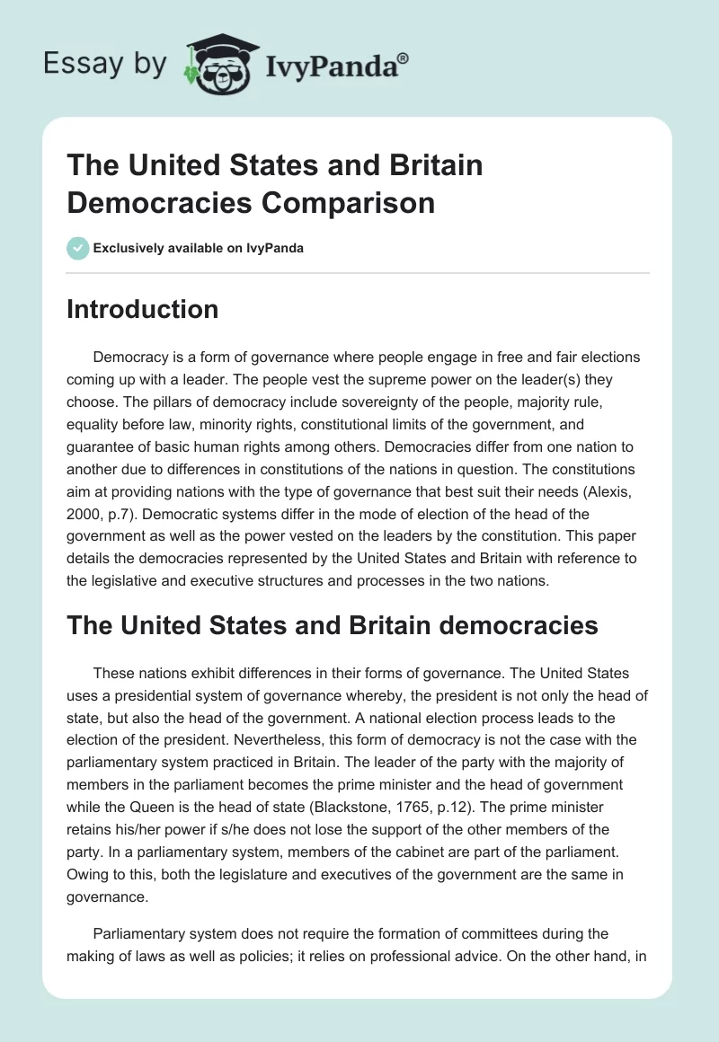 The United States and Britain Democracies Comparison. Page 1