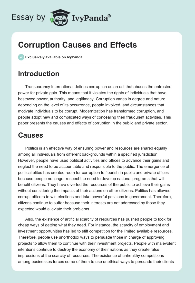 effects of corruption essay 250 words