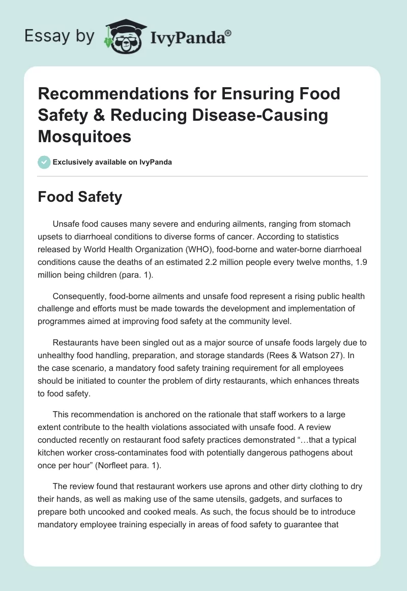 Recommendations for Ensuring Food Safety & Reducing Disease-Causing Mosquitoes. Page 1