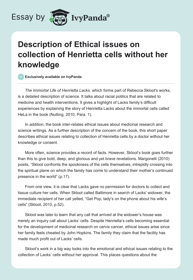 Description of Ethical Issues on Collection of Henrietta Cells Without Her Knowledge. Page 1