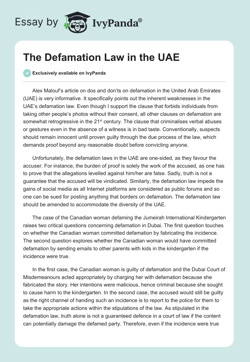 The Defamation Law in the UAE. Page 1