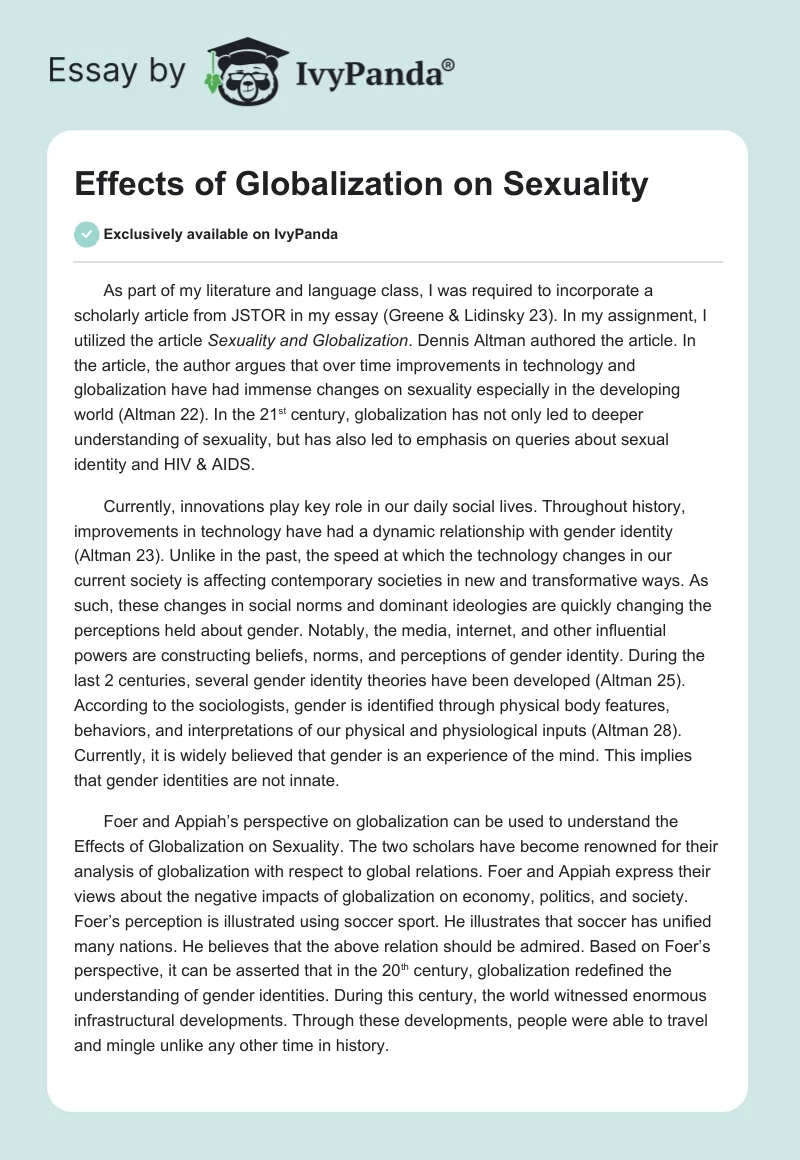 Effects of Globalization on Sexuality. Page 1