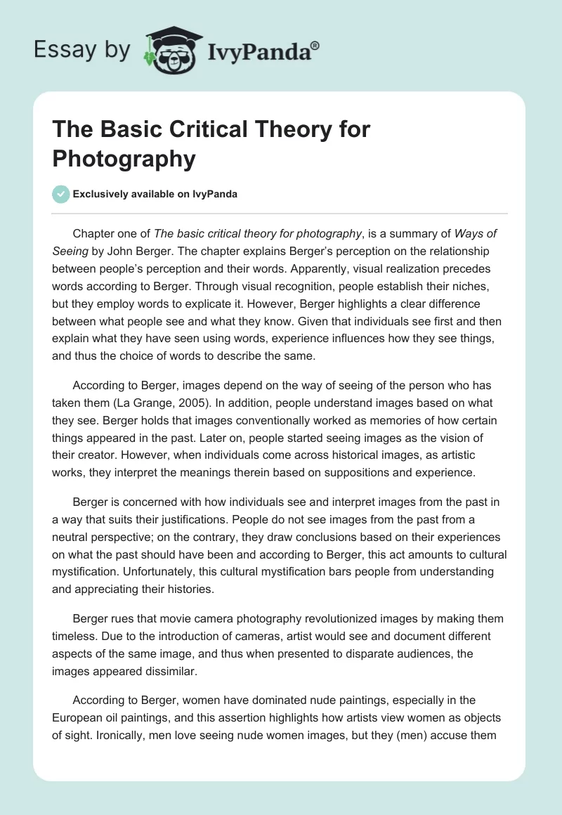 The Basic Critical Theory for Photography. Page 1