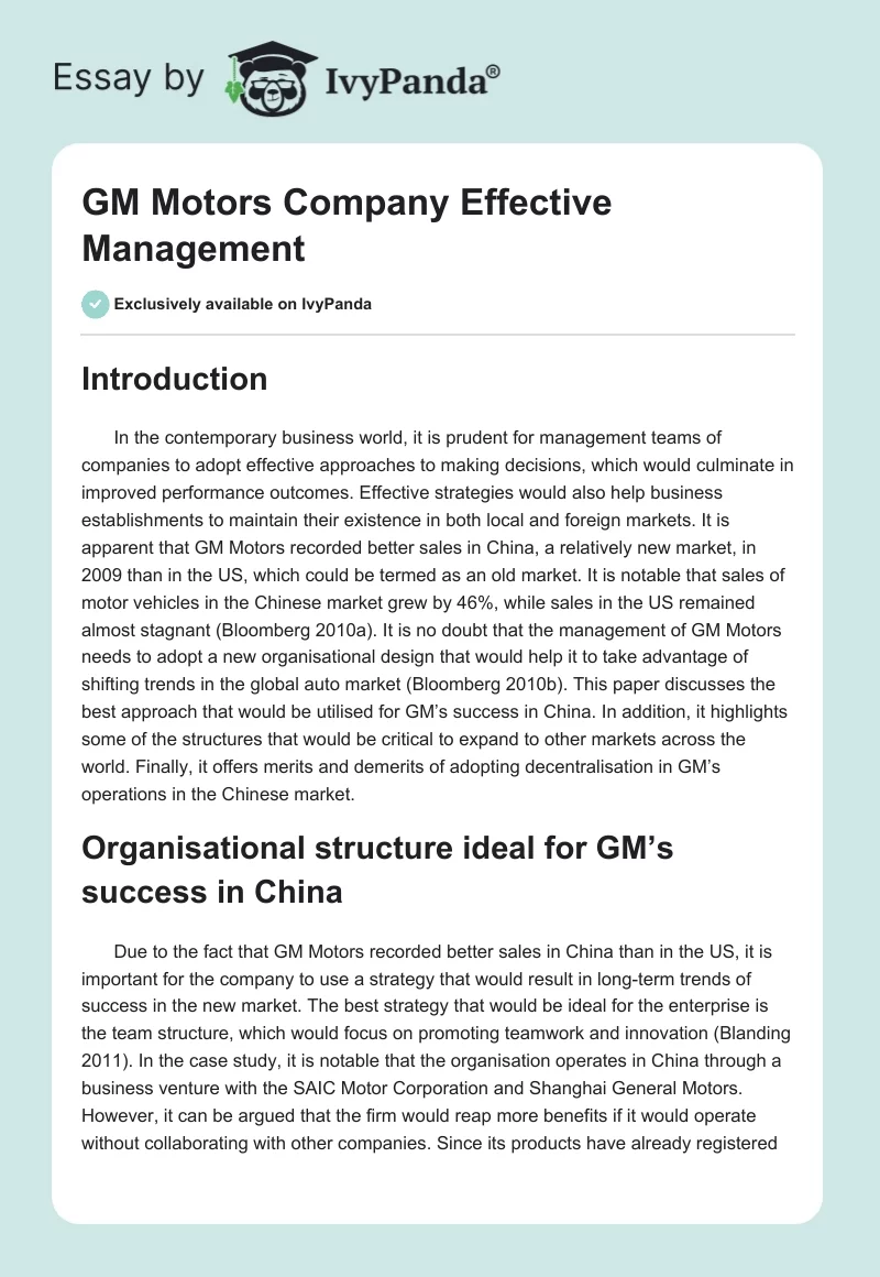 GM Motors Company Effective Management. Page 1