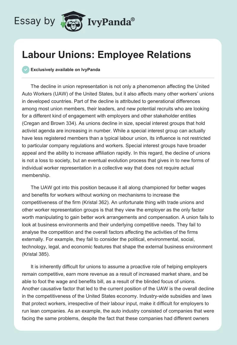 Labour Unions: Employee Relations. Page 1