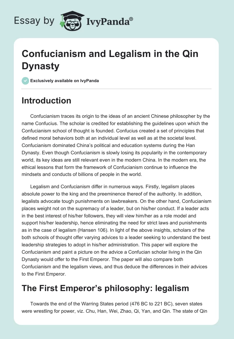 Confucianism and Legalism in the Qin Dynasty. Page 1