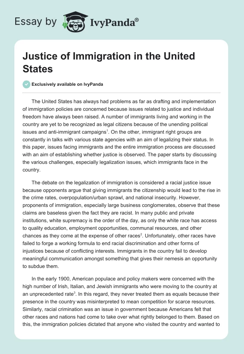 Justice of Immigration in the United States. Page 1