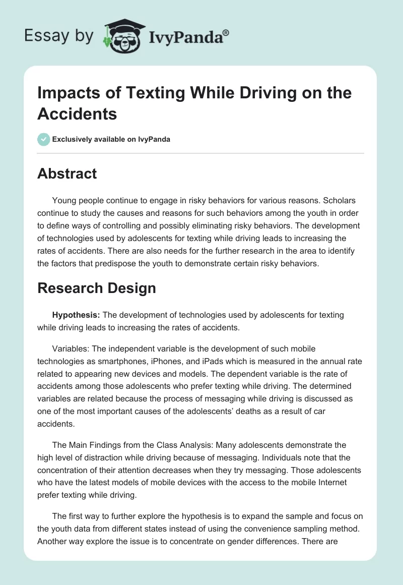 Impacts of Texting While Driving on the Accidents. Page 1