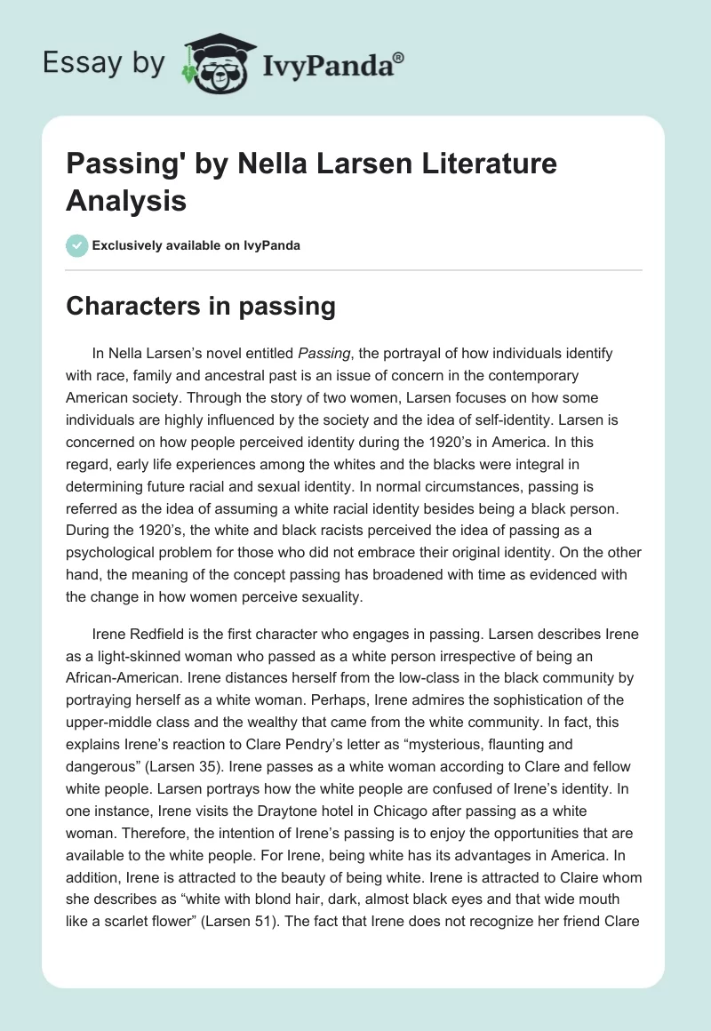 Passing' by Nella Larsen Literature Analysis. Page 1