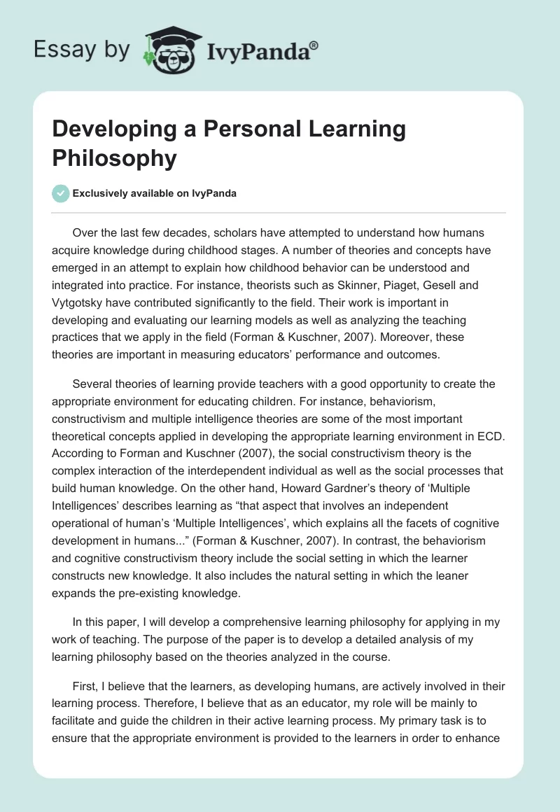 Developing a Personal Learning Philosophy. Page 1
