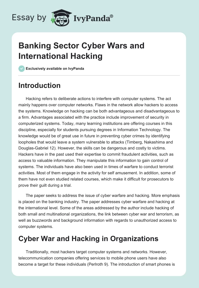 Banking Sector Cyber Wars and International Hacking. Page 1