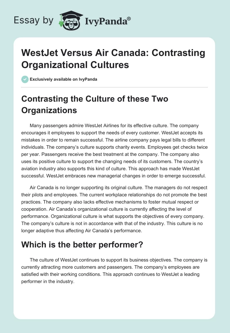 WestJet Versus Air Canada: Contrasting Organizational Cultures. Page 1