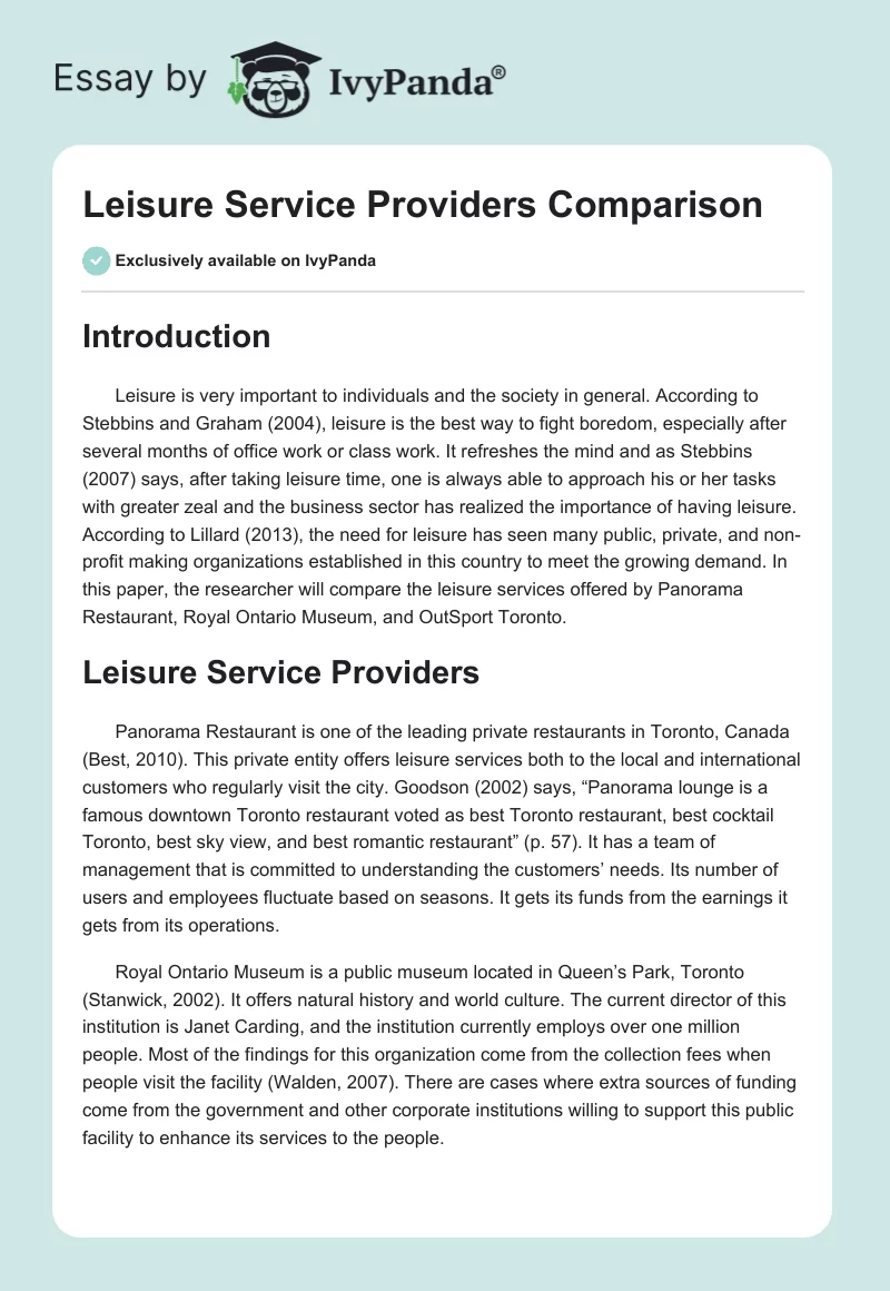 Leisure Service Providers Comparison. Page 1