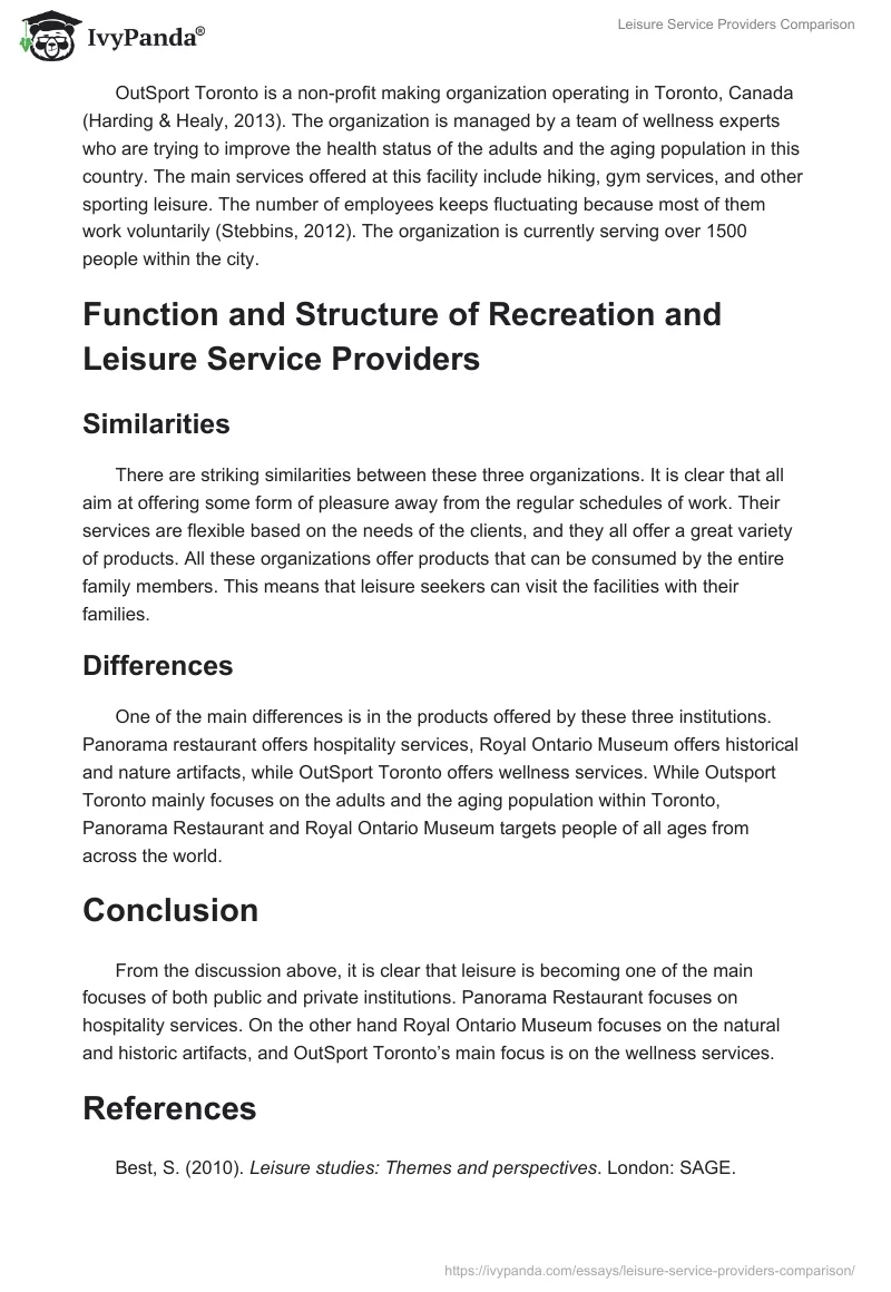 Leisure Service Providers Comparison. Page 2