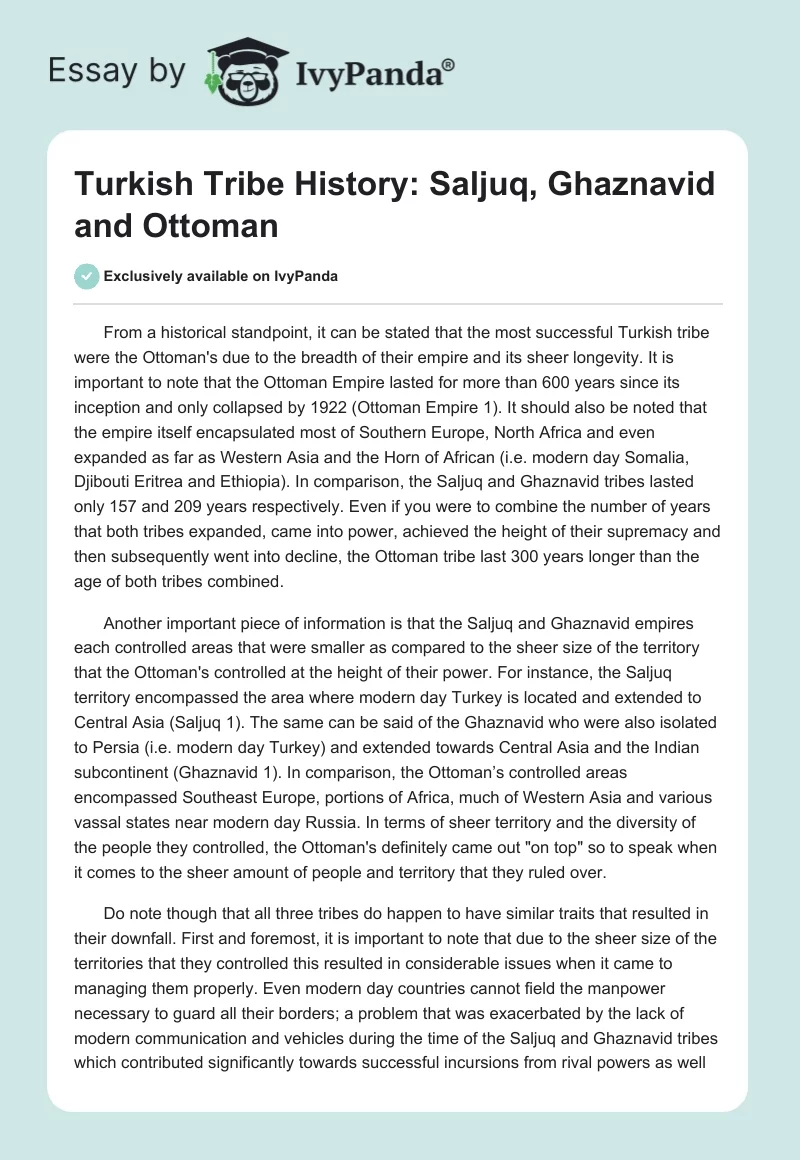 Turkish Tribe History: Saljuq, Ghaznavid and Ottoman. Page 1